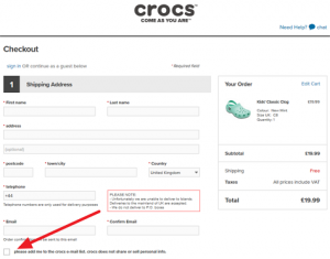 Crocs collect affirmative consent on checkout