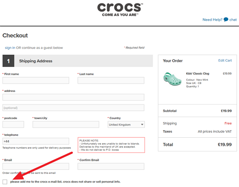 Crocs collect affirmative consent on checkout